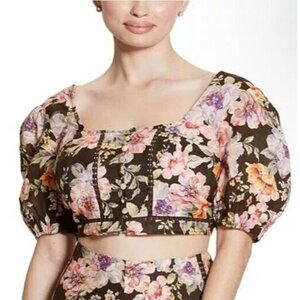 Guess Cropped Cassandra Puff Sleeve Floral Top $79 Draw String Tie Back Linen